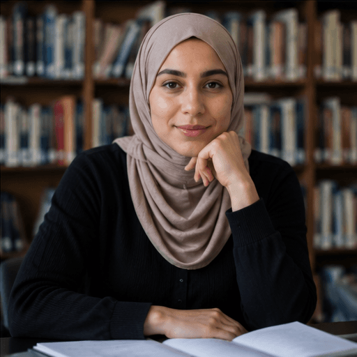 Portrait of a doctoral candidate in a beige hijab and dark top, library bookshelves behind.